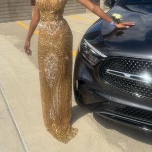 Elegant Gold Embellished Evening Prom Dress